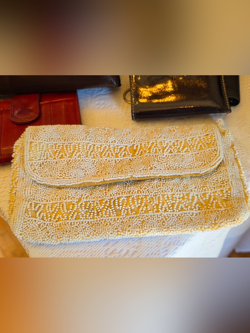Handmade in Germany Beaded Envelope Clutch in Yellow with White Accents